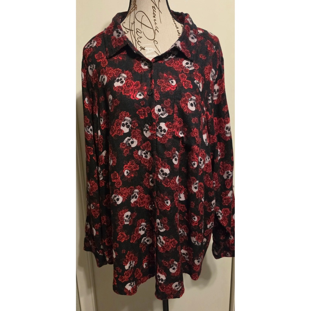 Torrid Skull Rose Print Button Down Shirt Long Sleeve Gothic Glam Vamp Sz 3